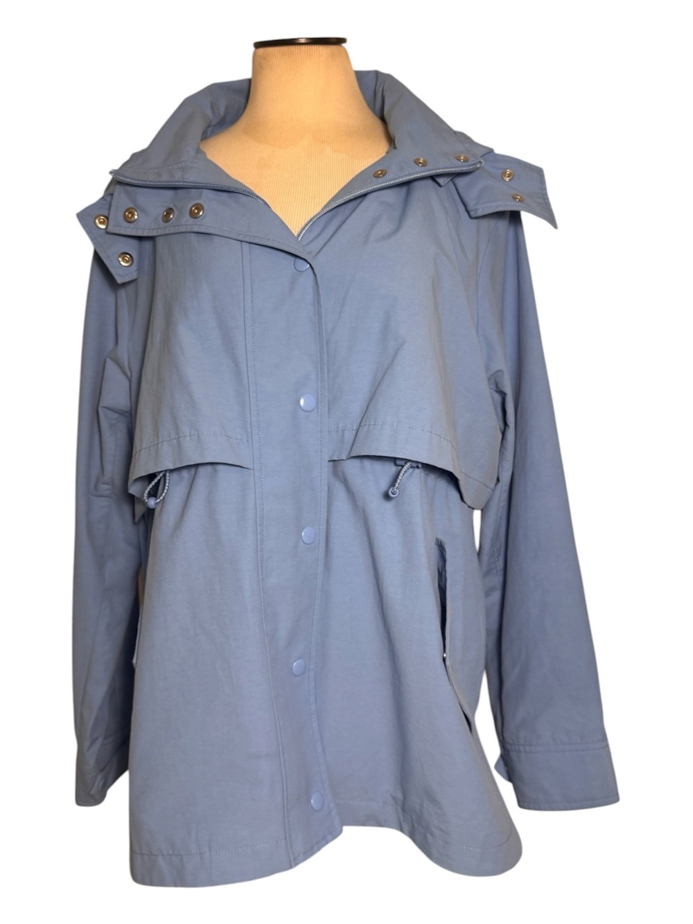 J.Crew Re-Imagined Women’s Blue Hooded Rain Coat Snap/Zip Mid-Length M - Picture 4 of 15
